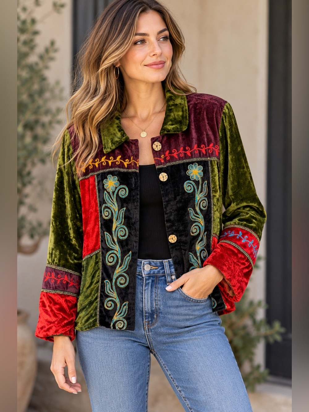 Alex Kim Velvet Embroidered Patchwork Jacket - Green & Red Size S Boho Y2K 90s